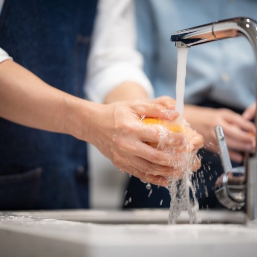 Washing vegetables and fruits for household hygiene.